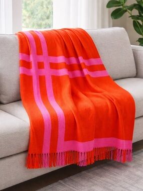 Kate Spade Throw Blanket Orange Red Pink Stripe Fringe 60x70